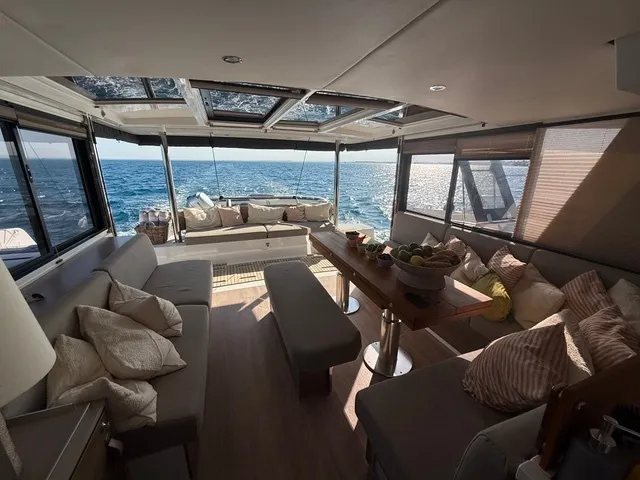 Salon of Second Wind, a Bali 4.6 catamaran at Parikia, Greece