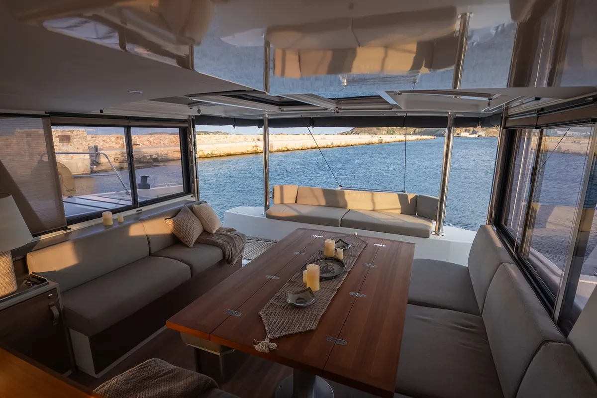 Salon of Second Wind, a Bali 4.6 catamaran at Parikia, Greece