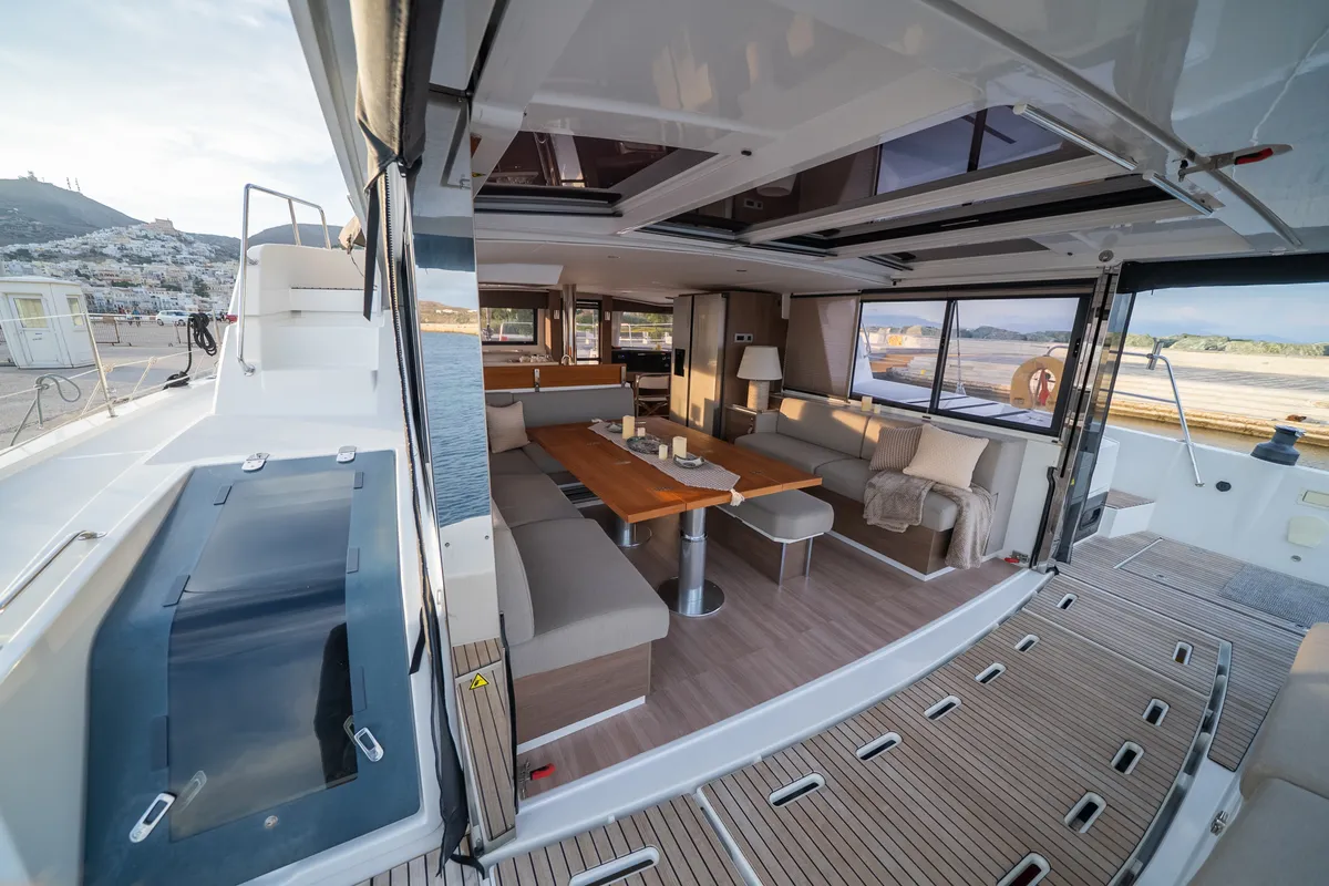 Salon of Second Wind, a Bali 4.6 catamaran at Parikia, Greece