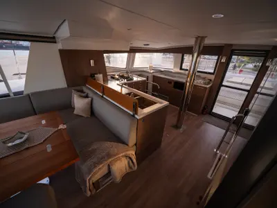 Galley of Second Wind, a Bali 4.6 catamaran at Parikia, Greece