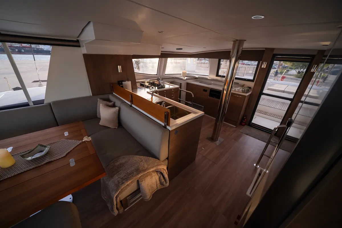 Galley of Second Wind, a Bali 4.6 catamaran at Parikia, Greece