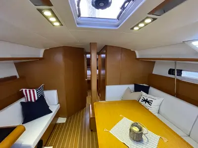 Salon of Petrine II, a Jeanneau Sun Odyssey 439 sailboat at Mauseidvågen, Norway