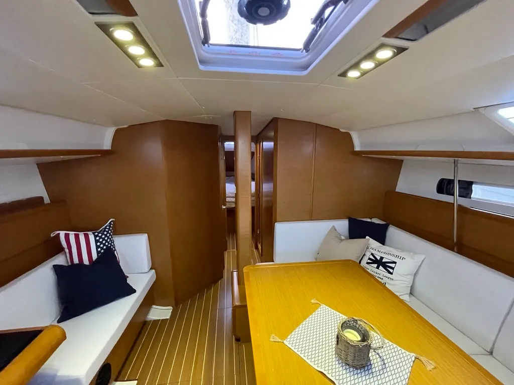 Salon of Petrine II, a Jeanneau Sun Odyssey 439 sailboat at Mauseidvågen, Norway