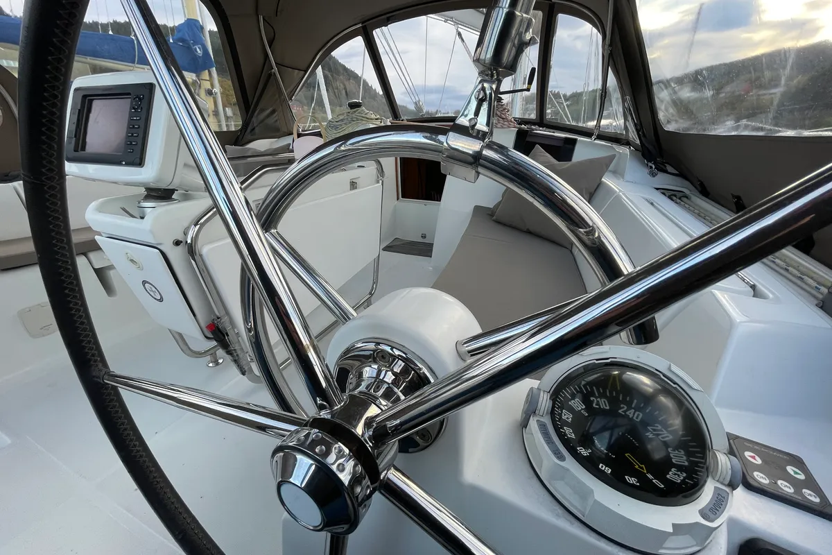 Cockpit of Petrine II, a Jeanneau Sun Odyssey 439 sailboat at Mauseidvågen, Norway
