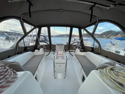 Cockpit of Petrine II, a Jeanneau Sun Odyssey 439 sailboat at Mauseidvågen, Norway