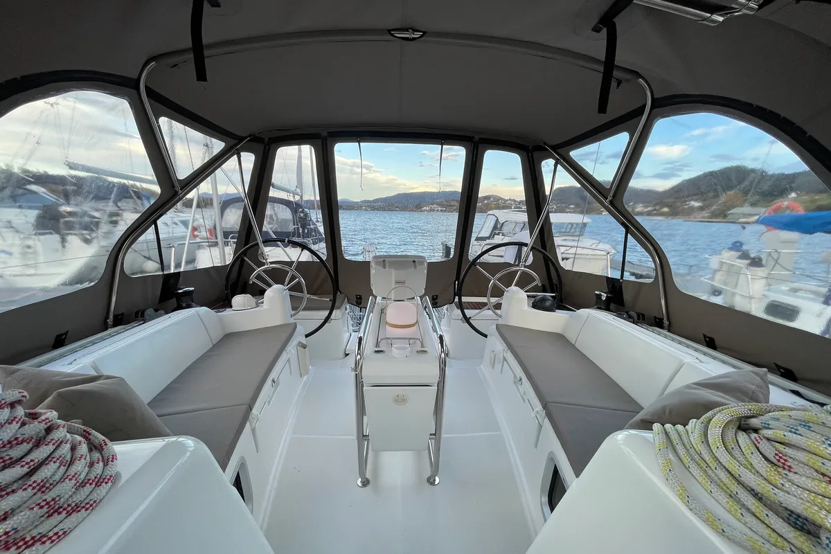 Cockpit of Petrine II, a Jeanneau Sun Odyssey 439 sailboat at Mauseidvågen, Norway