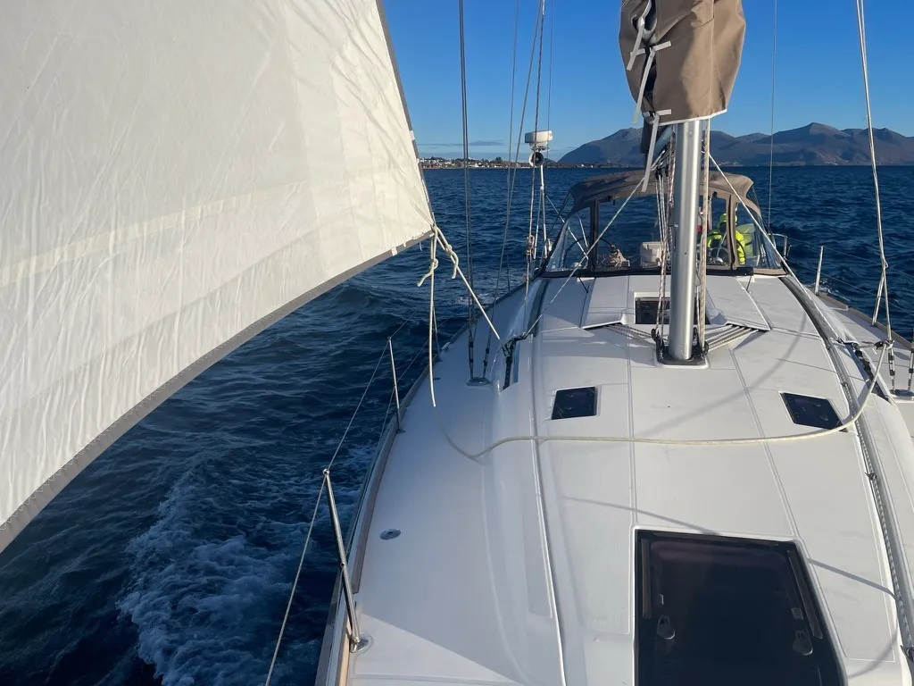 Deck of Petrine II, a Jeanneau Sun Odyssey 439 sailboat at Mauseidvågen, Norway