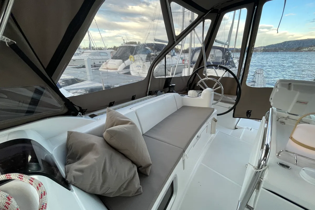 Cockpit of Petrine II, a Jeanneau Sun Odyssey 439 sailboat at Mauseidvågen, Norway