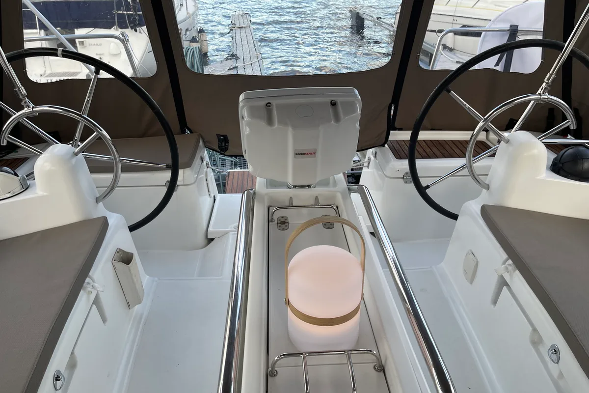 Cockpit of Petrine II, a Jeanneau Sun Odyssey 439 sailboat at Mauseidvågen, Norway