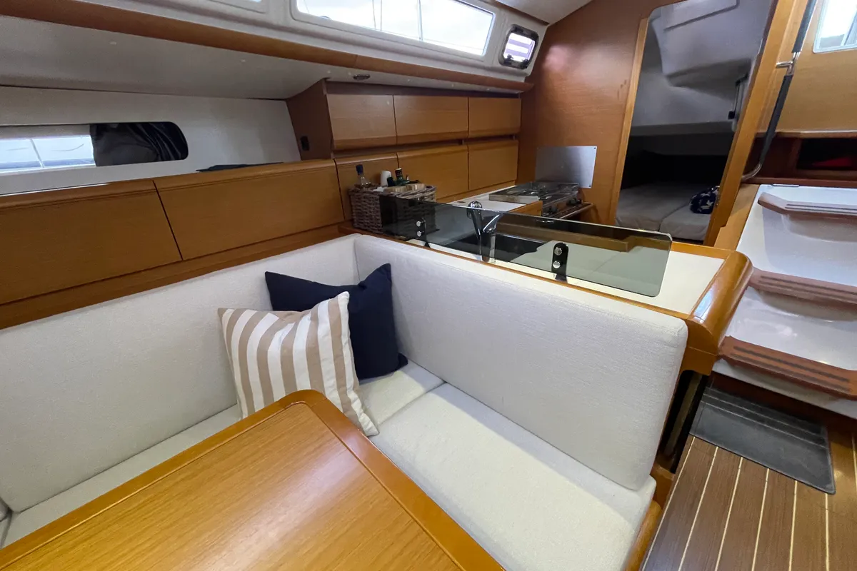 Salon of Petrine II, a Jeanneau Sun Odyssey 439 sailboat at Mauseidvågen, Norway