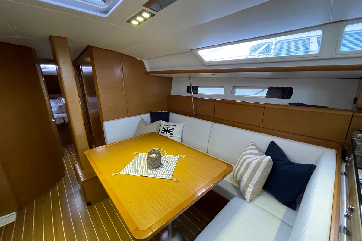 Salon of Petrine II, a Jeanneau Sun Odyssey 439 sailboat at Mauseidvågen, Norway