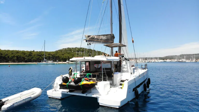 Exterior view of Jax, a Bali 4.1 catamaran at Općina Rogoznica, Croatia