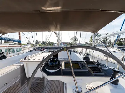 Cockpit of Breathless, a Bavaria Cruiser 56 sailboat at Municipal Unit of Lefkada, Greece