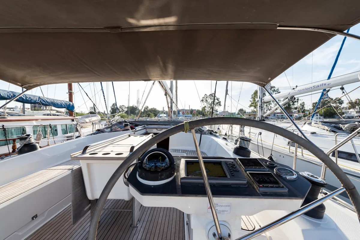 Cockpit of Breathless, a Bavaria Cruiser 56 sailboat at Municipal Unit of Lefkada, Greece