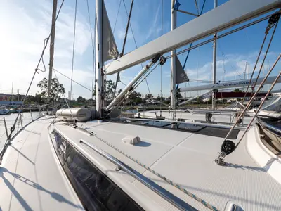 Deck of Breathless, a Bavaria Cruiser 56 sailboat at Municipal Unit of Lefkada, Greece