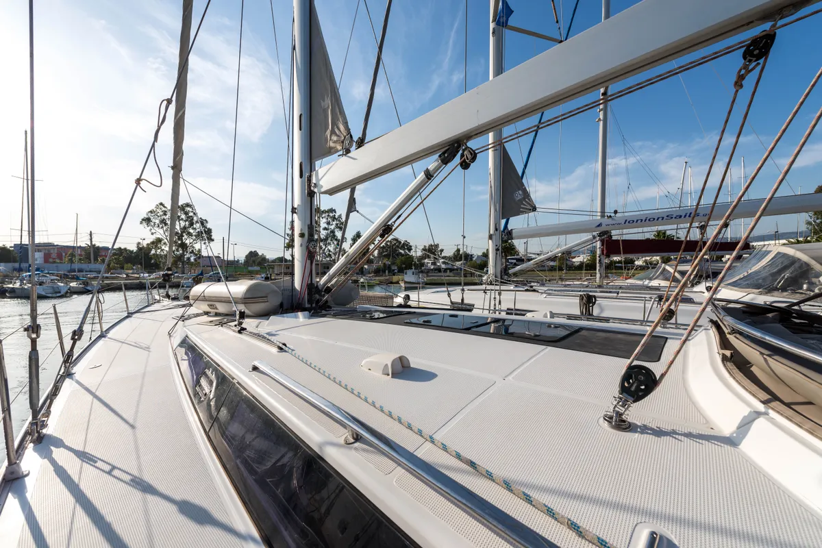 Deck of Breathless, a Bavaria Cruiser 56 sailboat at Municipal Unit of Lefkada, Greece