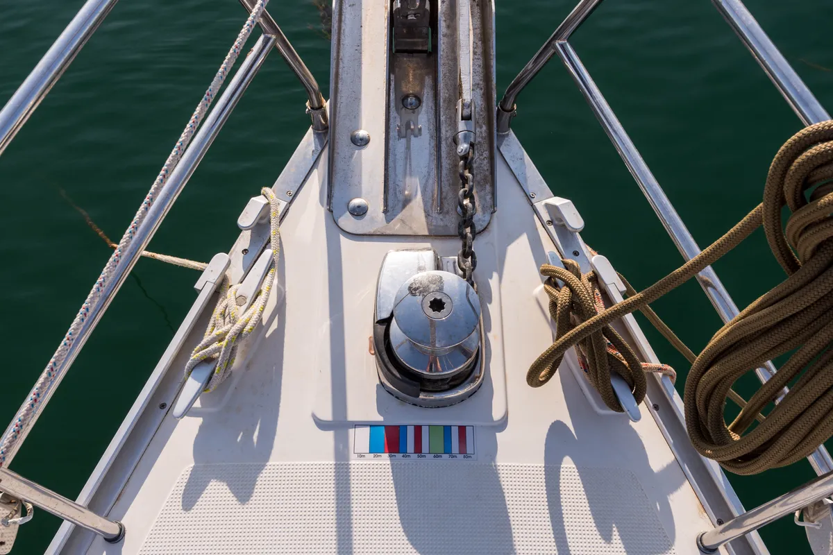 Deck of Breathless, a Bavaria Cruiser 56 sailboat at Municipal Unit of Lefkada, Greece