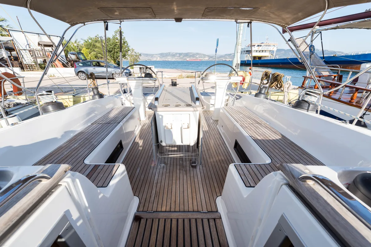 Cockpit of Breathless, a Bavaria Cruiser 56 sailboat at Municipal Unit of Lefkada, Greece