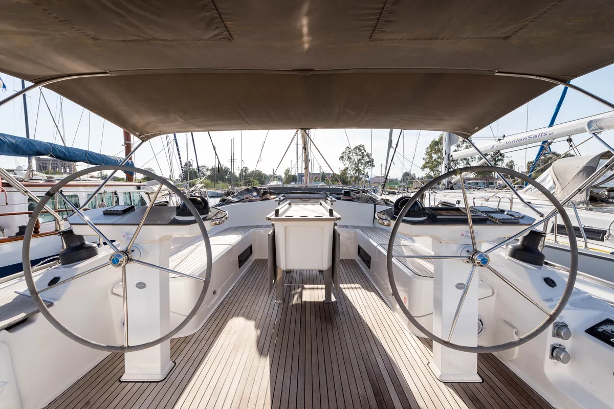 Cockpit of Breathless, a Bavaria Cruiser 56 sailboat at Municipal Unit of Lefkada, Greece