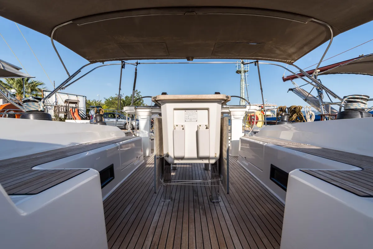 Deck of Breathless, a Bavaria Cruiser 56 sailboat at Municipal Unit of Lefkada, Greece