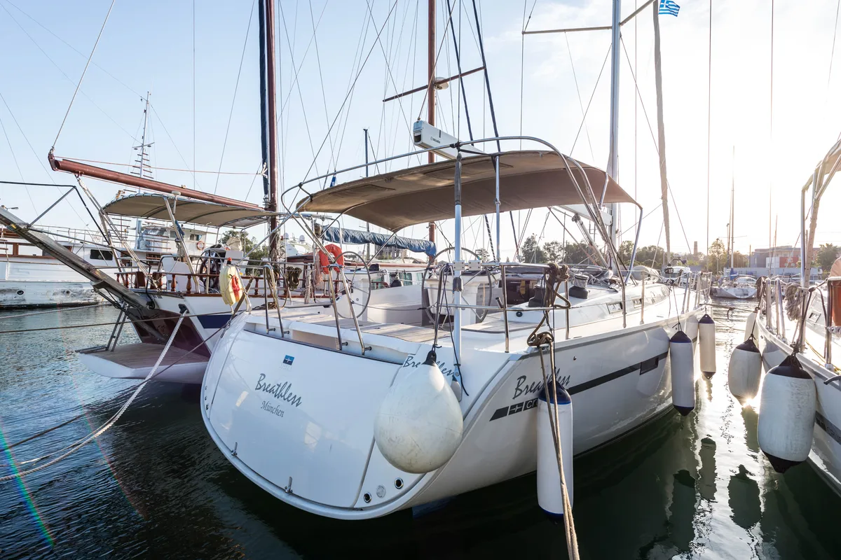 Exterior view of Breathless, a Bavaria Cruiser 56 sailboat at Municipal Unit of Lefkada, Greece