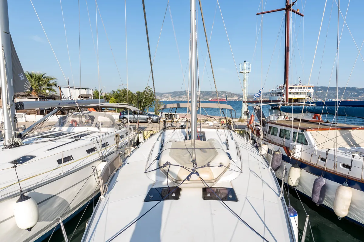 Deck of Breathless, a Bavaria Cruiser 56 sailboat at Municipal Unit of Lefkada, Greece