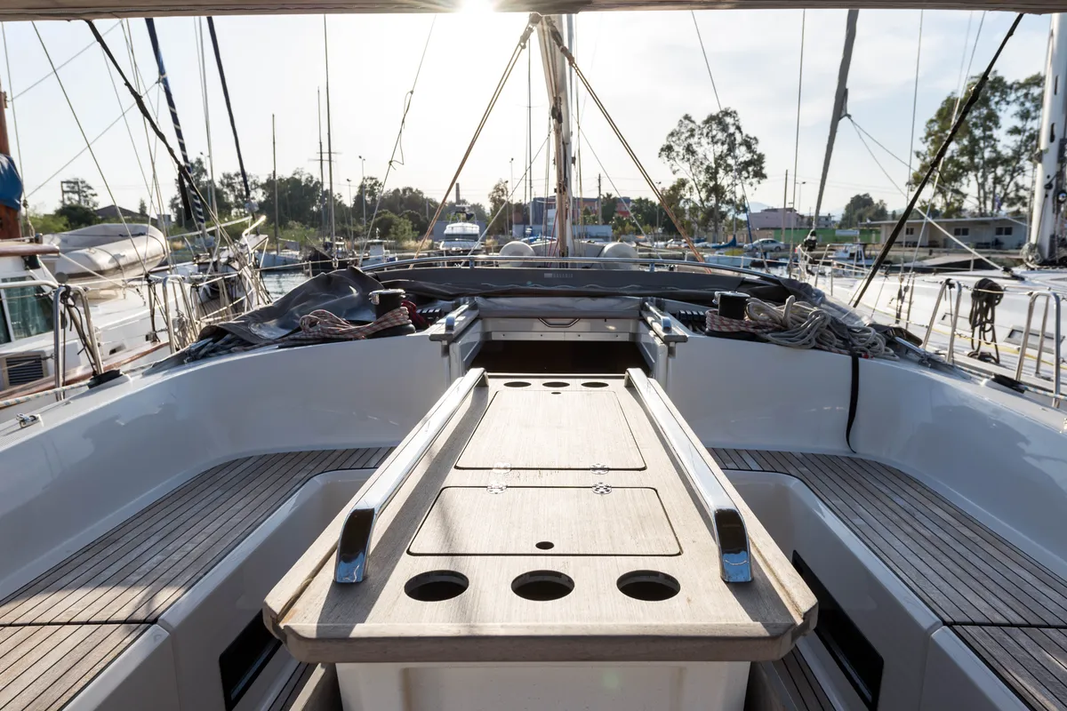 Deck of Breathless, a Bavaria Cruiser 56 sailboat at Municipal Unit of Lefkada, Greece