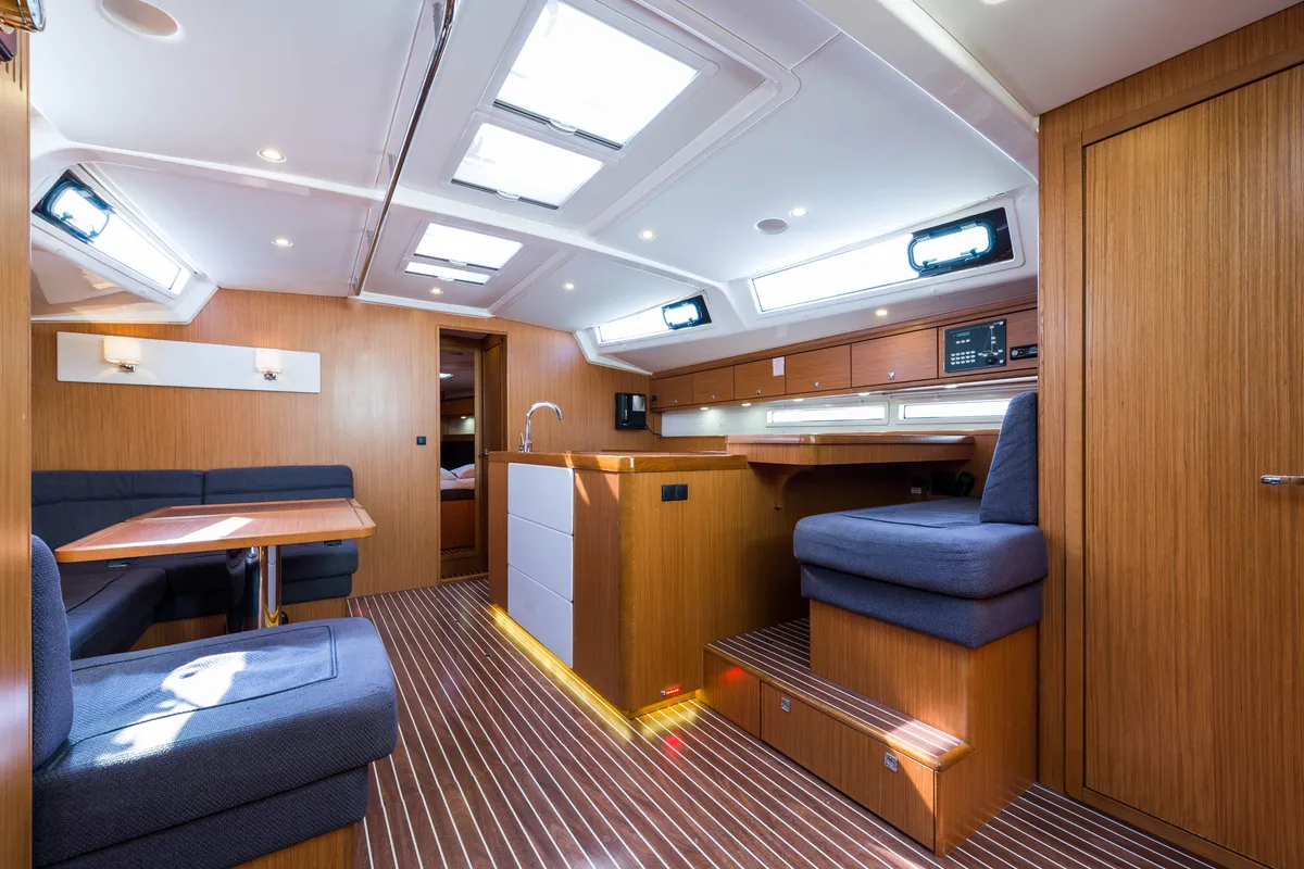 Salon of Breathless, a Bavaria Cruiser 56 sailboat at Municipal Unit of Lefkada, Greece