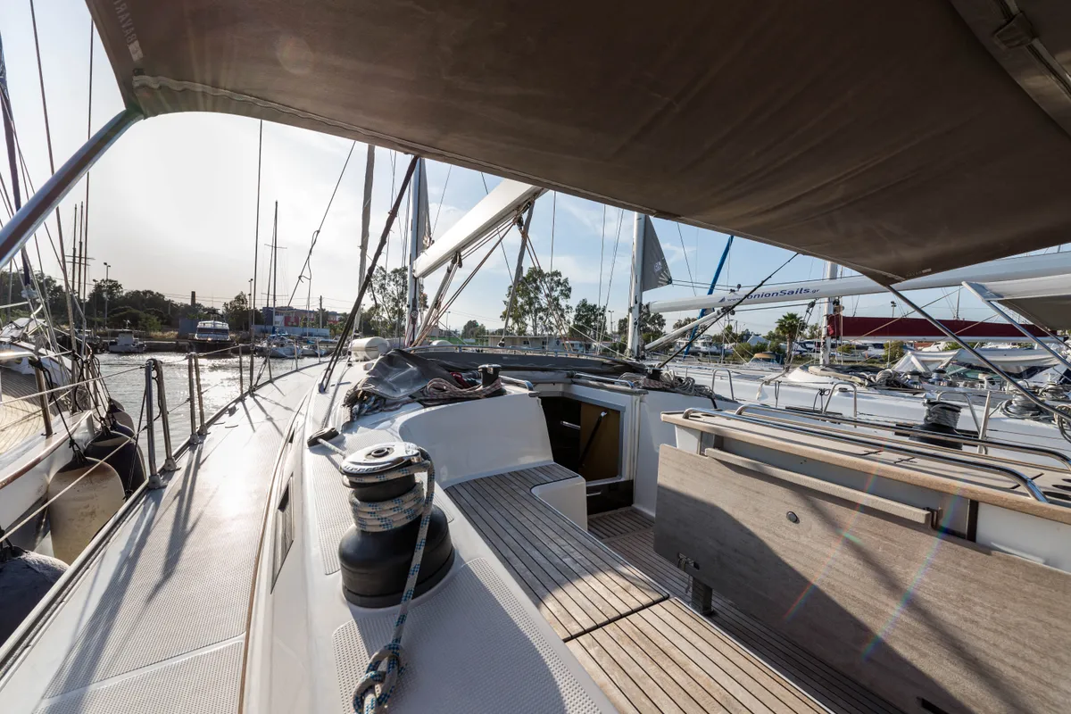 Deck of Breathless, a Bavaria Cruiser 56 sailboat at Municipal Unit of Lefkada, Greece