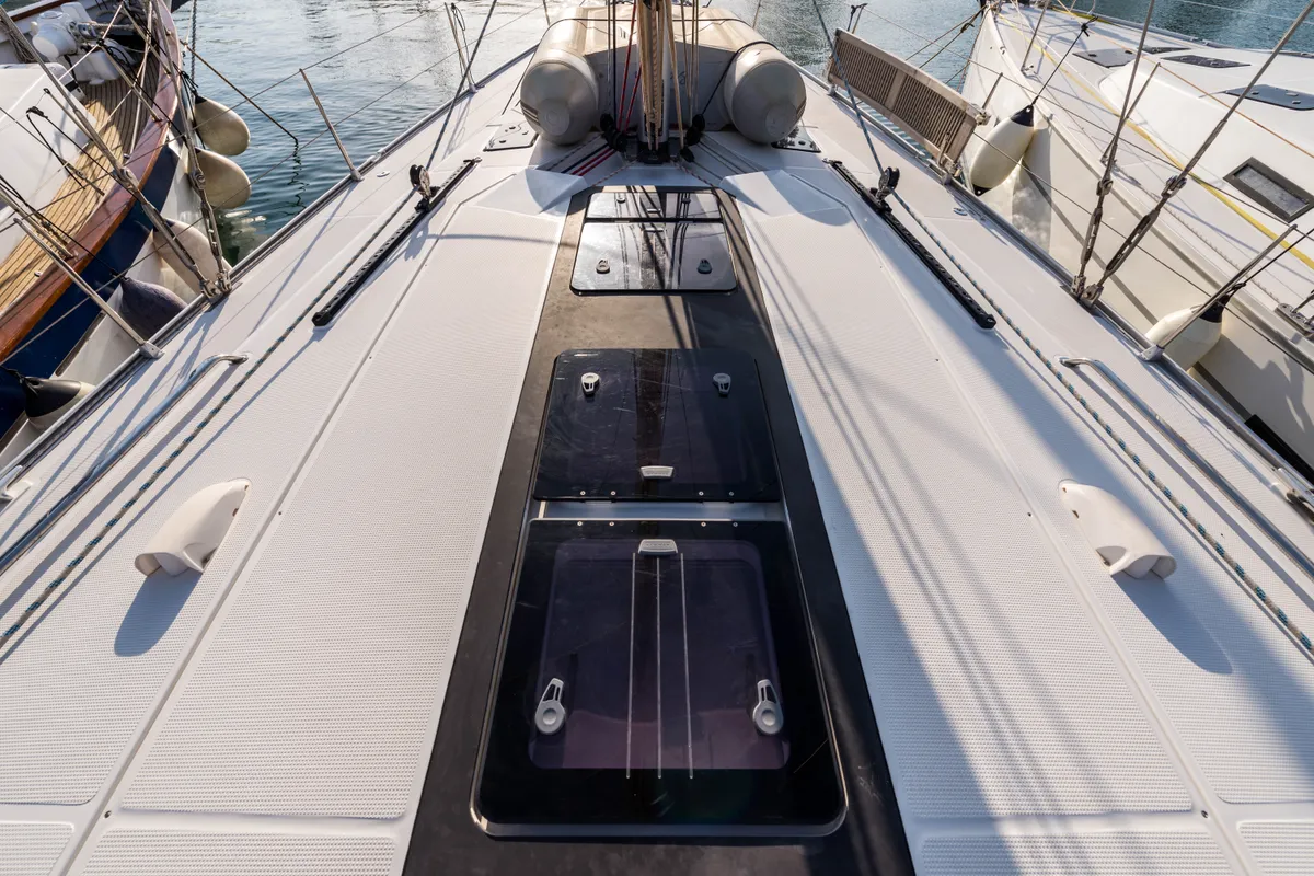 Deck of Breathless, a Bavaria Cruiser 56 sailboat at Municipal Unit of Lefkada, Greece
