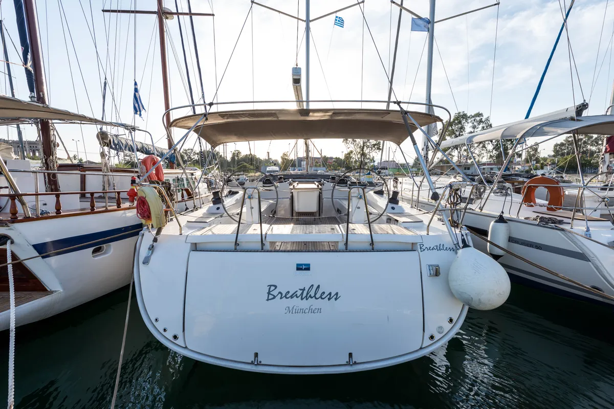 Exterior view of Breathless, a Bavaria Cruiser 56 sailboat at Municipal Unit of Lefkada, Greece