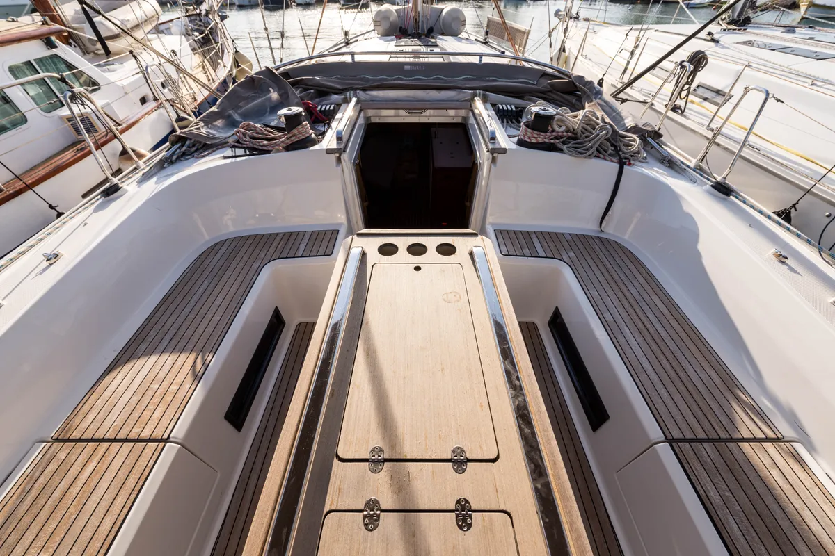 Deck of Breathless, a Bavaria Cruiser 56 sailboat at Municipal Unit of Lefkada, Greece