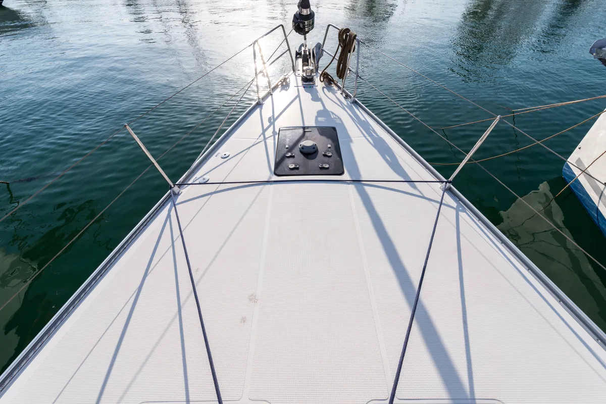 Deck of Breathless, a Bavaria Cruiser 56 sailboat at Municipal Unit of Lefkada, Greece