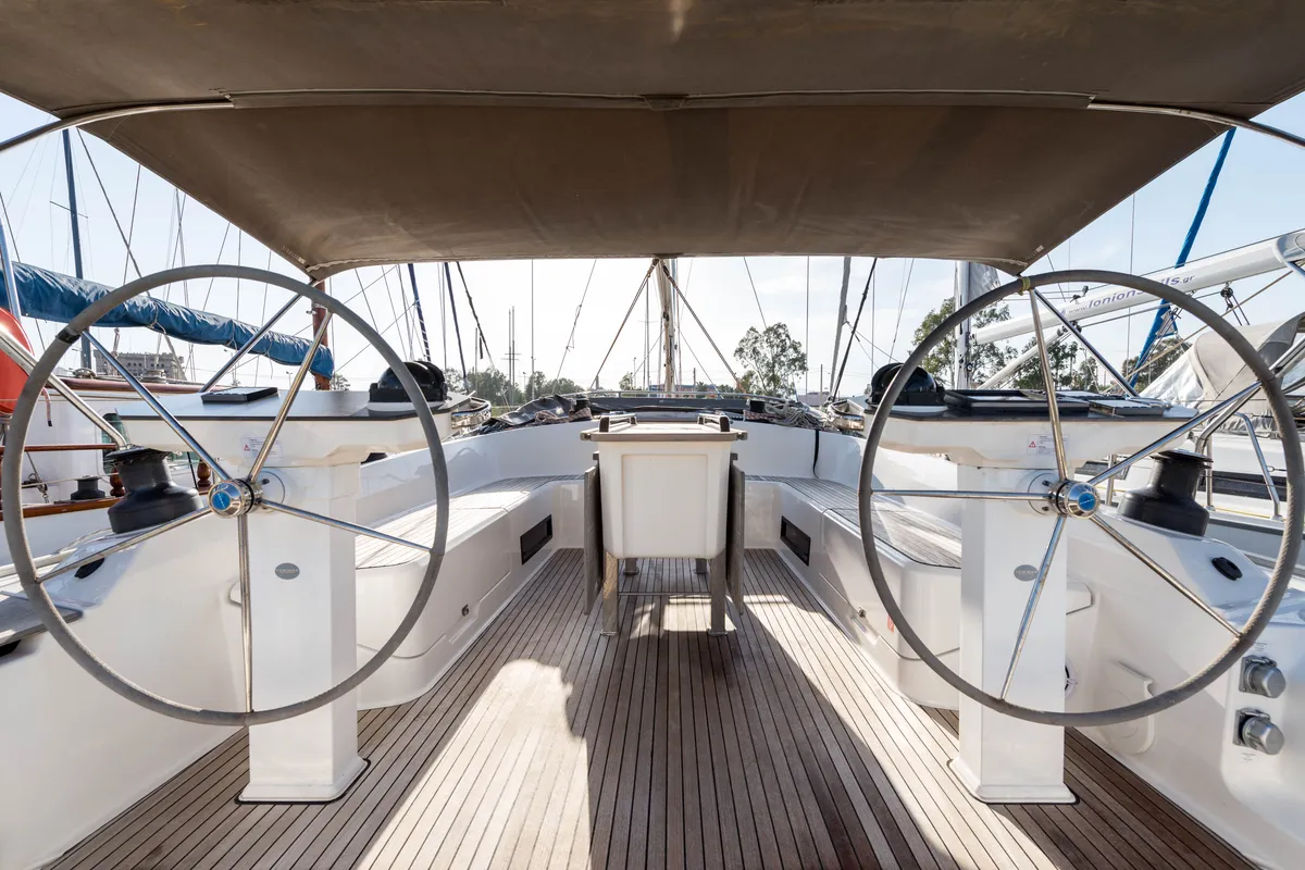 Cockpit of Breathless, a Bavaria Cruiser 56 sailboat at Municipal Unit of Lefkada, Greece
