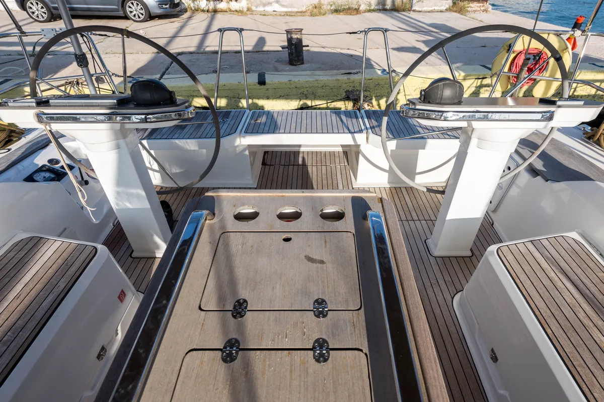 Cockpit of Breathless, a Bavaria Cruiser 56 sailboat at Municipal Unit of Lefkada, Greece
