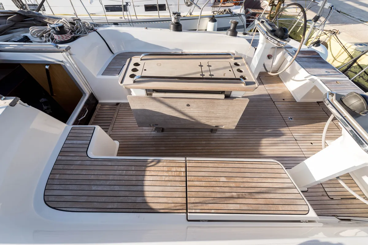 Deck of Breathless, a Bavaria Cruiser 56 sailboat at Municipal Unit of Lefkada, Greece