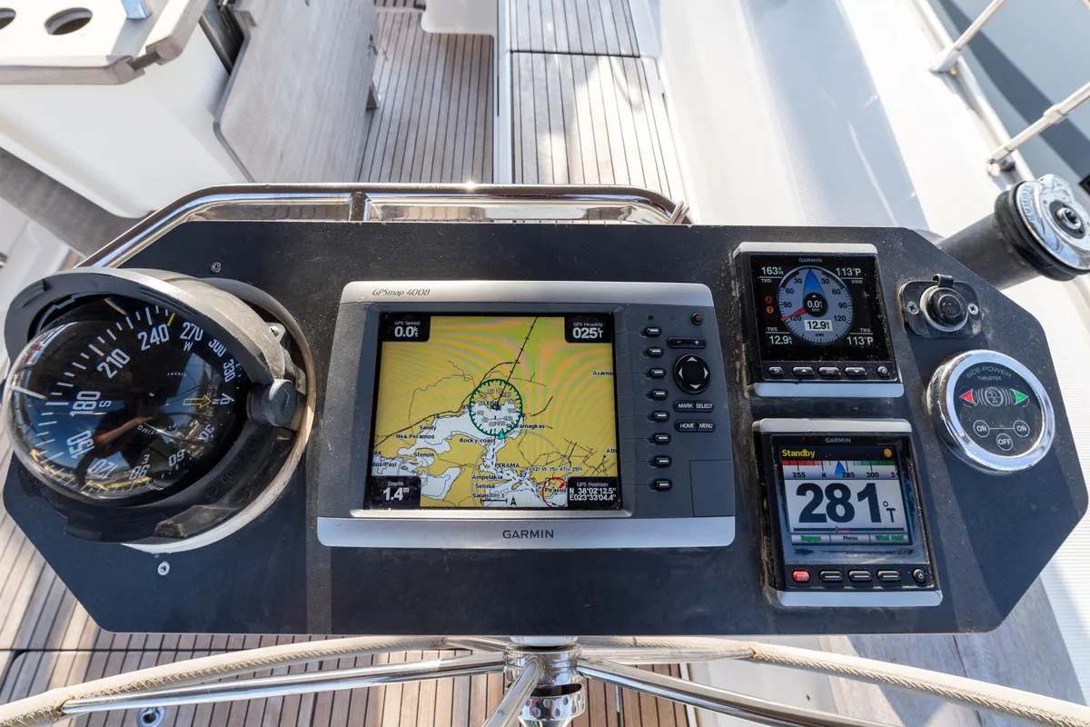 Cockpit of Breathless, a Bavaria Cruiser 56 sailboat at Municipal Unit of Lefkada, Greece