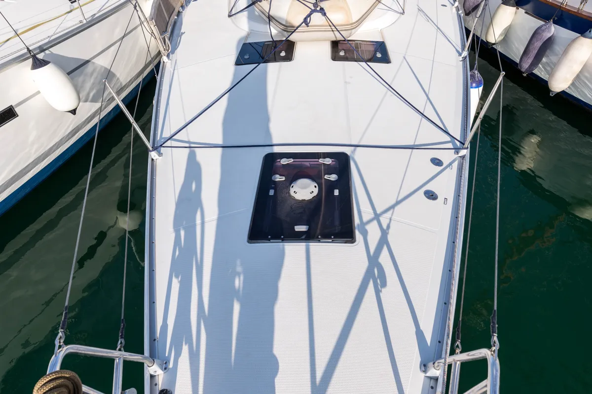 Deck of Breathless, a Bavaria Cruiser 56 sailboat at Municipal Unit of Lefkada, Greece
