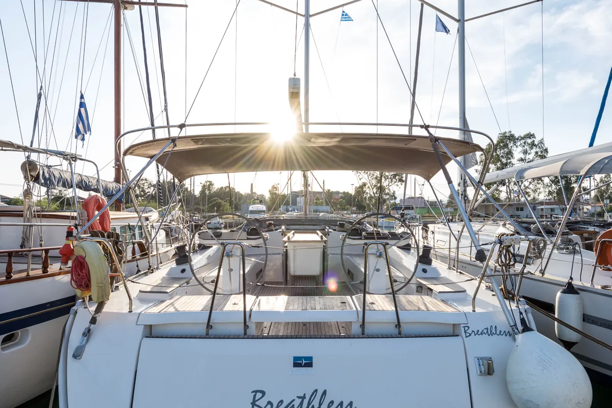 Exterior view of Breathless, a Bavaria Cruiser 56 sailboat at Municipal Unit of Lefkada, Greece