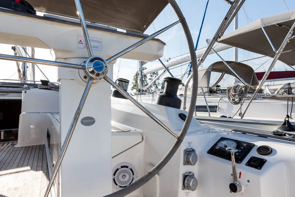 Cockpit of Breathless, a Bavaria Cruiser 56 sailboat at Municipal Unit of Lefkada, Greece