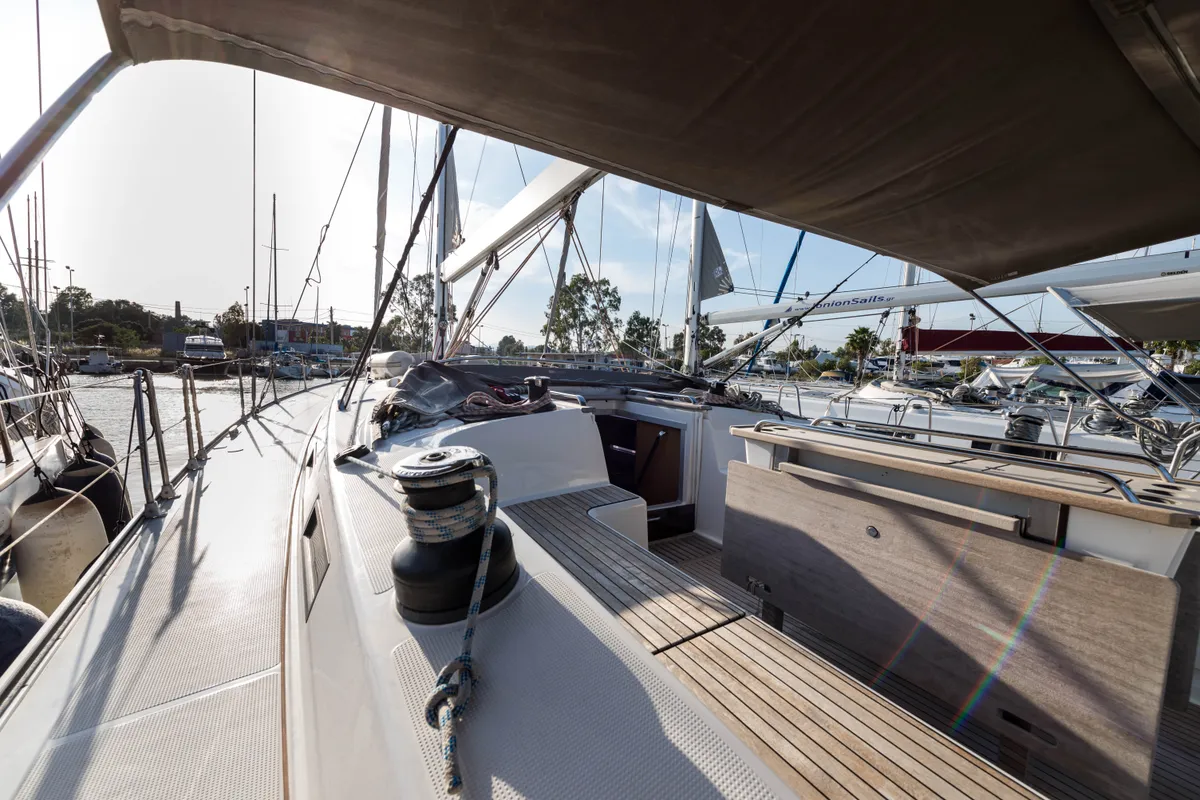 Deck of Breathless, a Bavaria Cruiser 56 sailboat at Municipal Unit of Lefkada, Greece