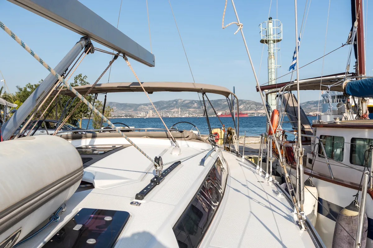 Deck of Breathless, a Bavaria Cruiser 56 sailboat at Municipal Unit of Lefkada, Greece