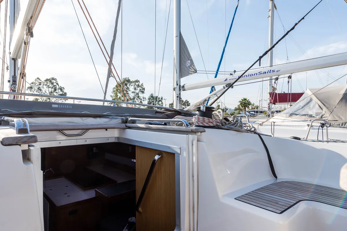 Deck of Breathless, a Bavaria Cruiser 56 sailboat at Municipal Unit of Lefkada, Greece