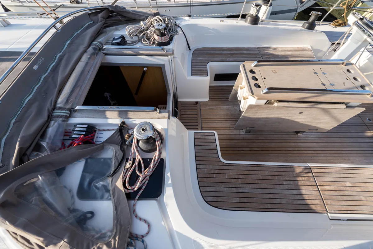 Deck of Breathless, a Bavaria Cruiser 56 sailboat at Municipal Unit of Lefkada, Greece