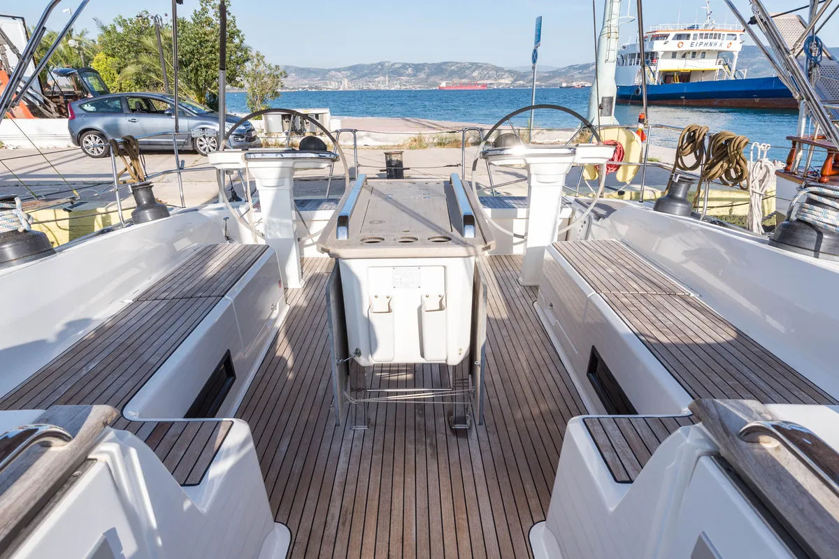 Cockpit of Breathless, a Bavaria Cruiser 56 sailboat at Municipal Unit of Lefkada, Greece