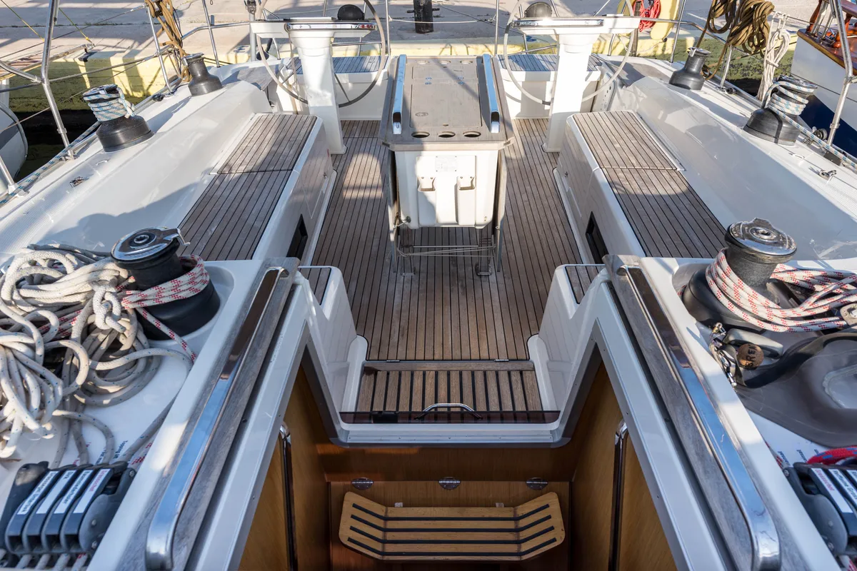 Deck of Breathless, a Bavaria Cruiser 56 sailboat at Municipal Unit of Lefkada, Greece