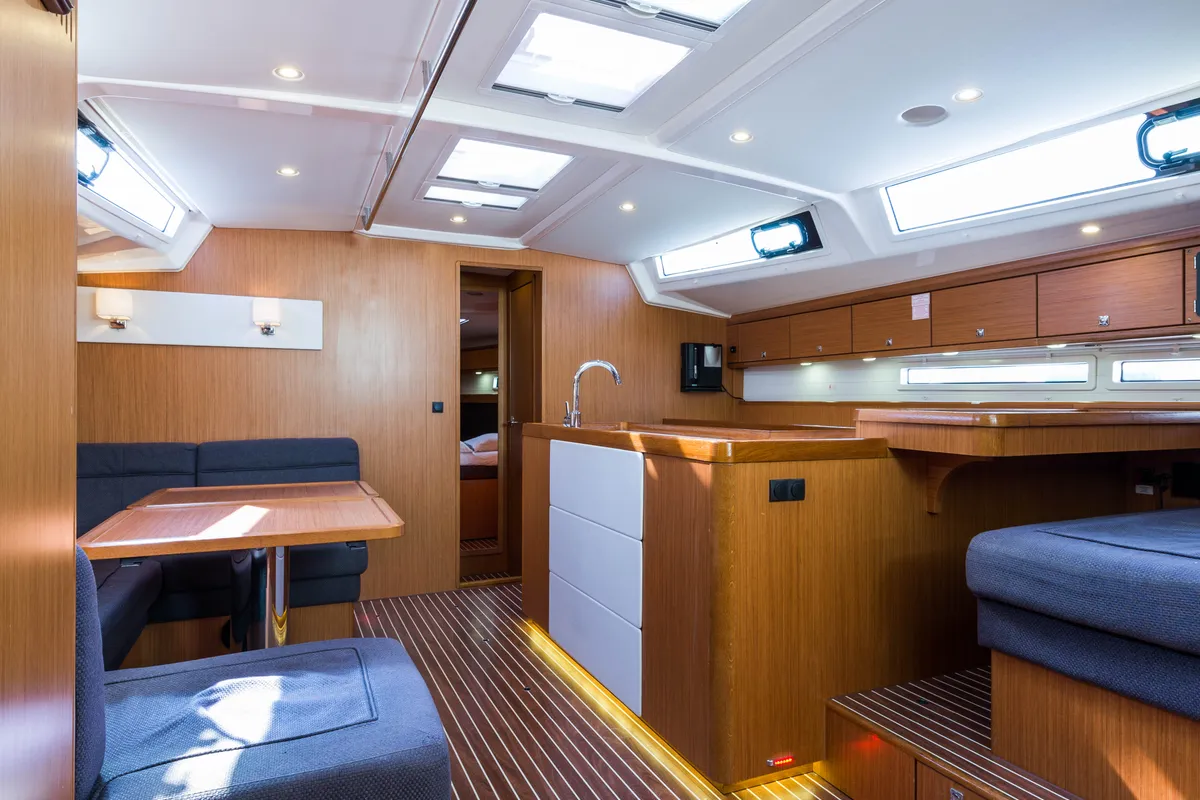 Salon of Breathless, a Bavaria Cruiser 56 sailboat at Municipal Unit of Lefkada, Greece