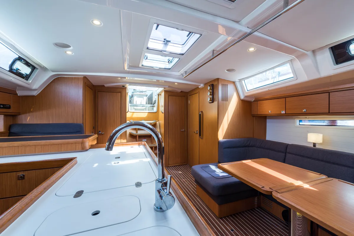 Salon of Breathless, a Bavaria Cruiser 56 sailboat at Municipal Unit of Lefkada, Greece