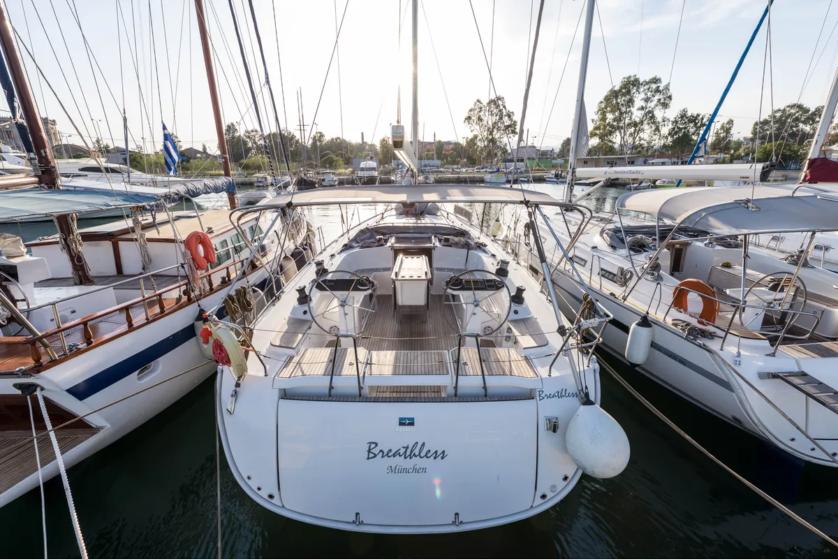 Exterior view of Breathless, a Bavaria Cruiser 56 sailboat at Municipal Unit of Lefkada, Greece