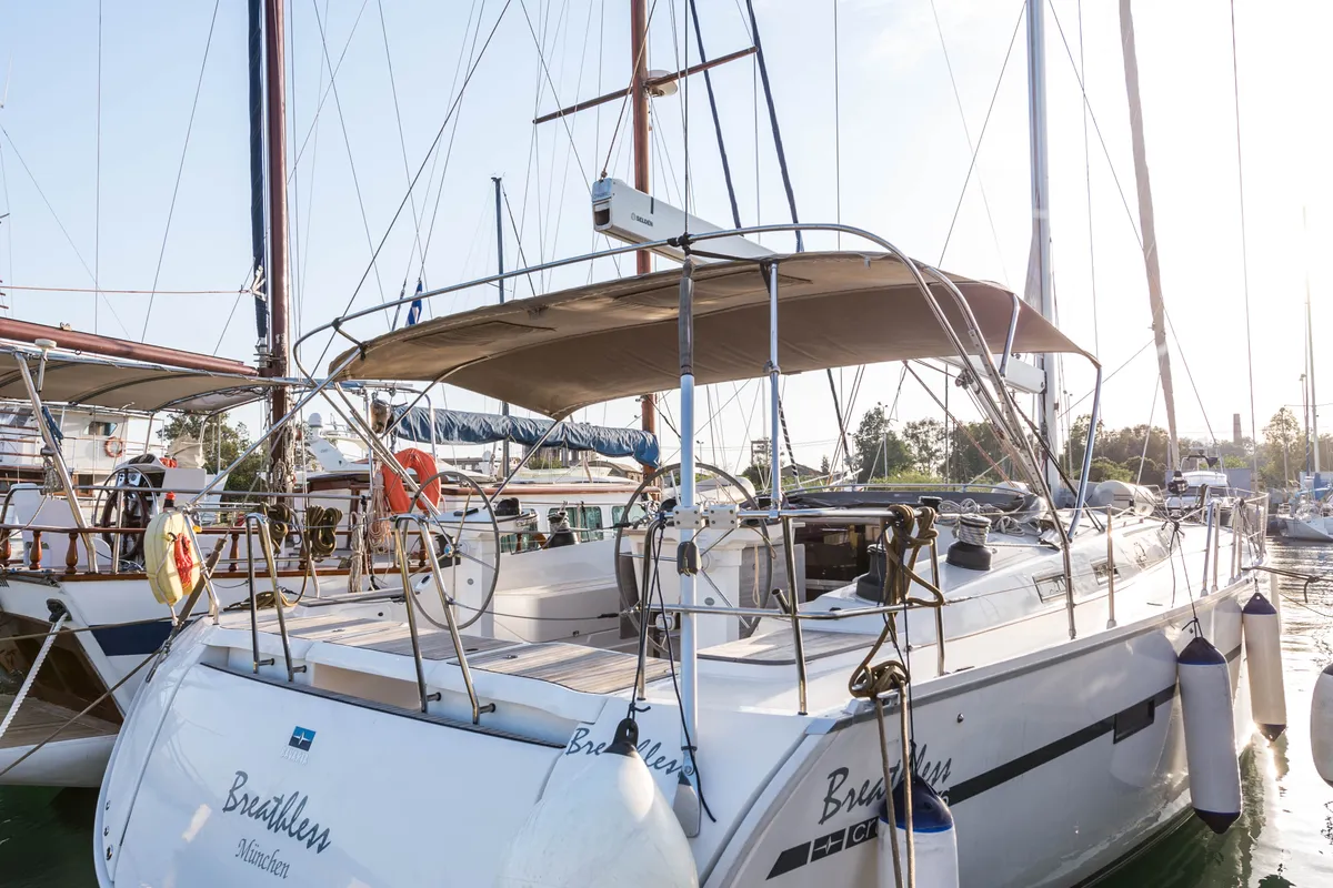 Exterior view of Breathless, a Bavaria Cruiser 56 sailboat at Municipal Unit of Lefkada, Greece